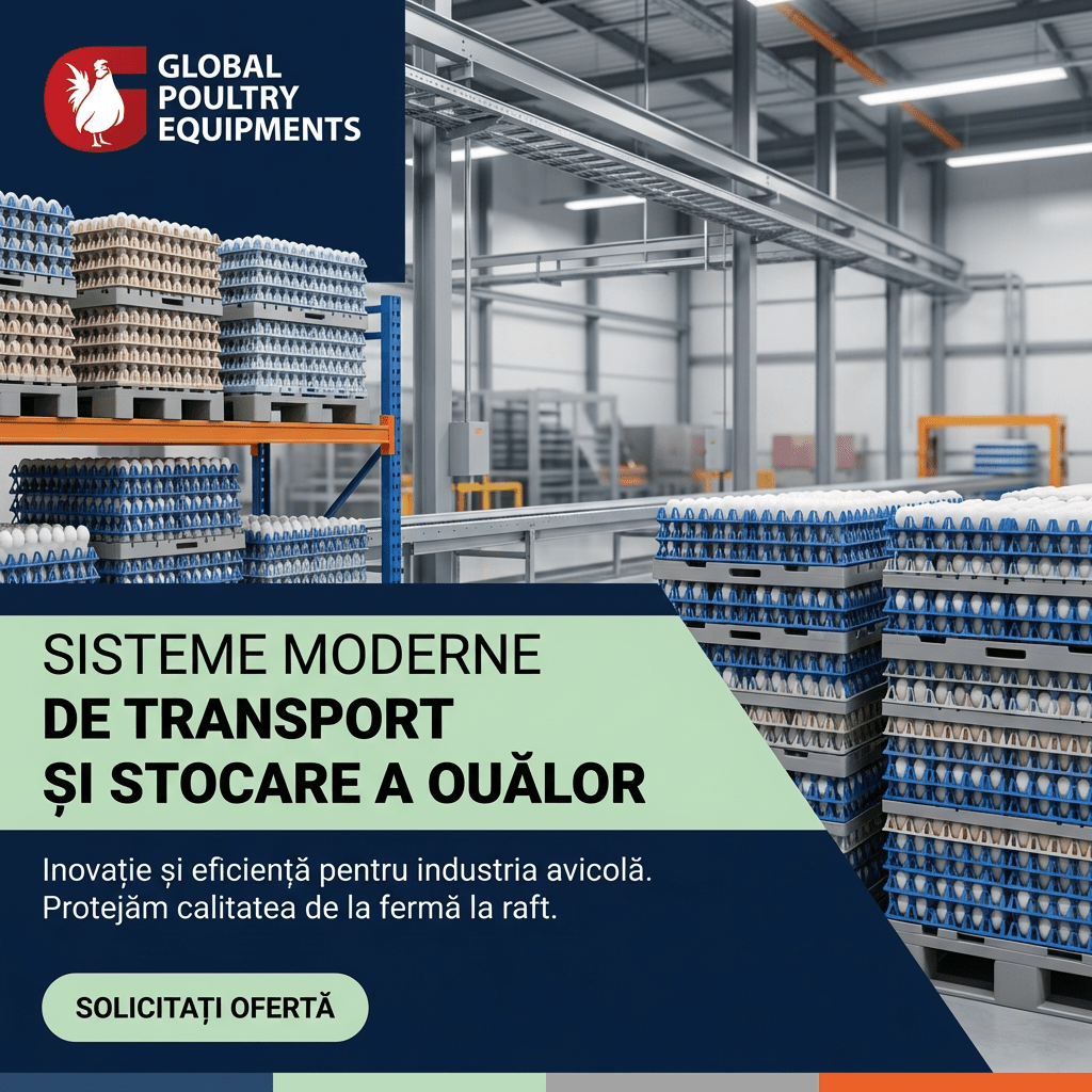 Cofraje de plastic din material virgin aditivat UV pentru stocare și transport ouă, rezistente la suprapunere și manipulare intensivă în ferme avicole.