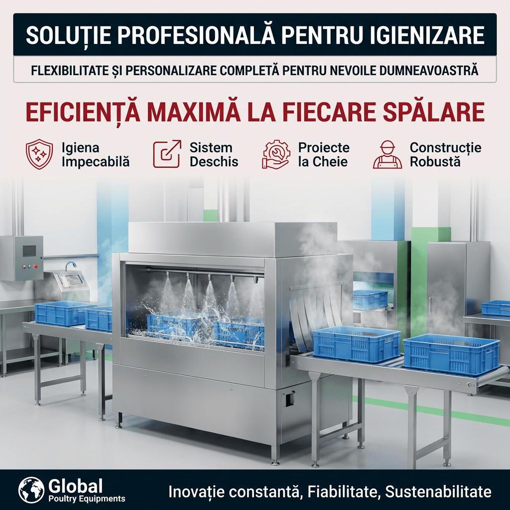 Mașină de spălat profesională pentru lăzi , cofraje, oua, paleti, divizoare și echipamente avicole, utilizată în fermă de oua, incubatie sau abator pentru igienizare eficientă și sigură.